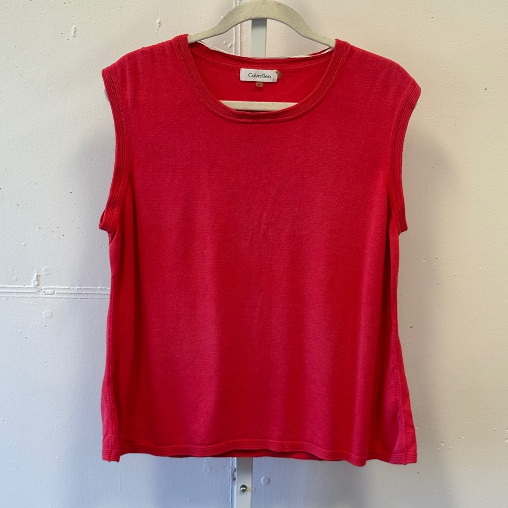 Calvin Klein Coral Red Sleeveless Knit Sweater Vest Cotton Viscose Knit Top XL